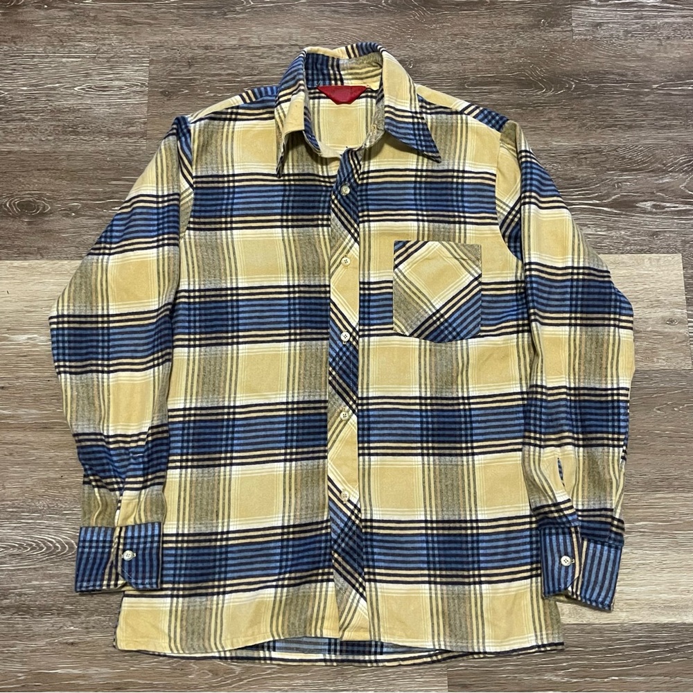 Vintage 1970s Sovereign Plaid Acrylic Flannel Button Shirt Mens Size Medium